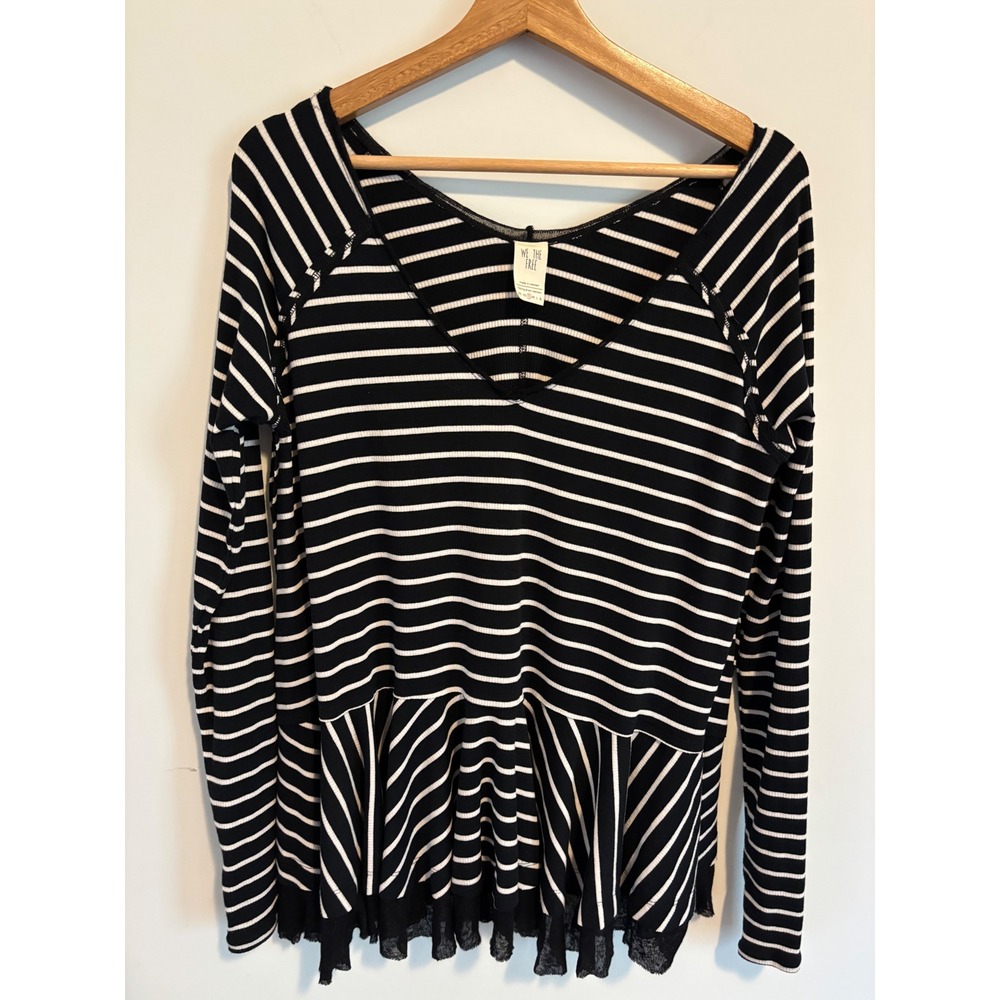 We The Free Free People Striped Ribbed V-Neck Peplum Top Black White Small